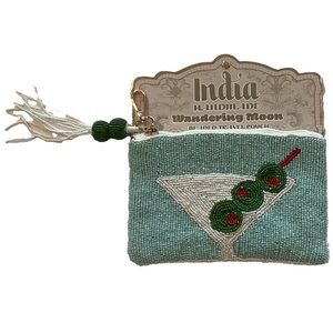 Wandering Moon Martini Glass & Olives Beaded Travel Pouch Bag New